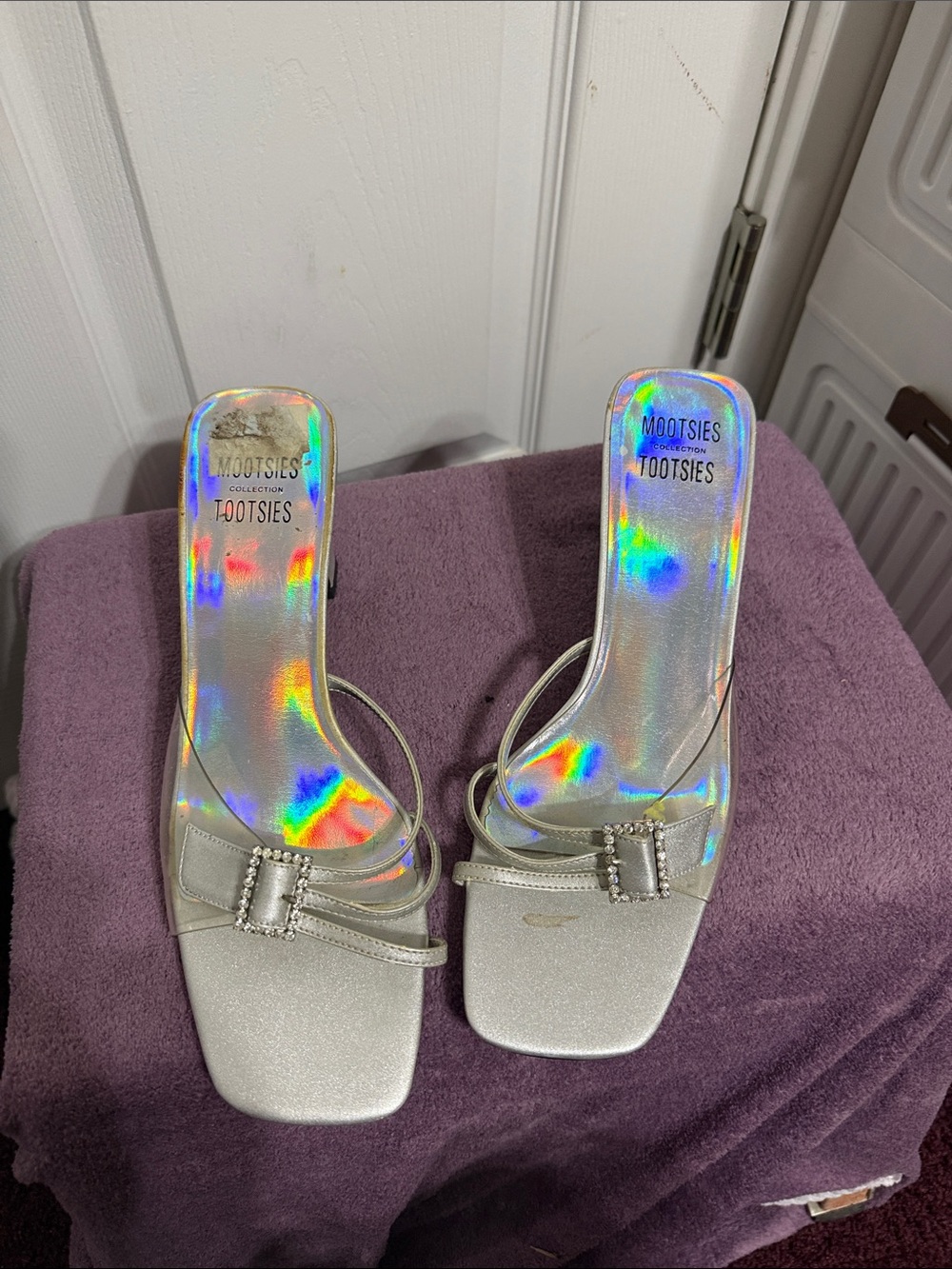 Mootsies Tootsies Silver Holographic Strappy Mule Heels